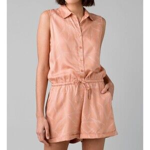 Prana Womens size S Peach Weekend Escape Leaf Print Romper Pockets Drawstring